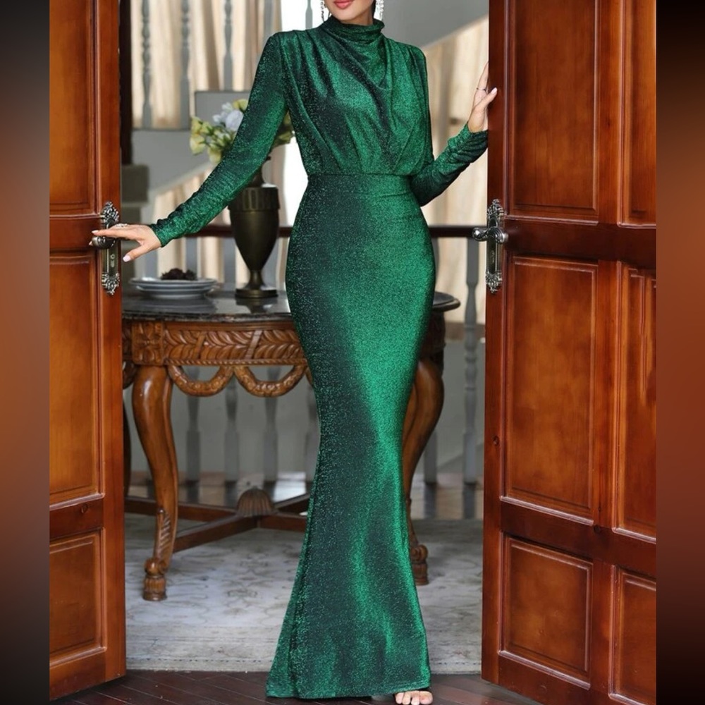 Luxe Draped Front Mock Neck Ruched Glitter Evening Wedding Party Formal Dress